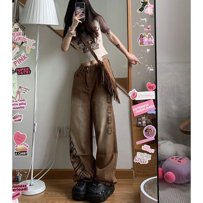 Red American street print jeans female fat mm design sense all-match loose high waist straight casual mopping wide-leg pants