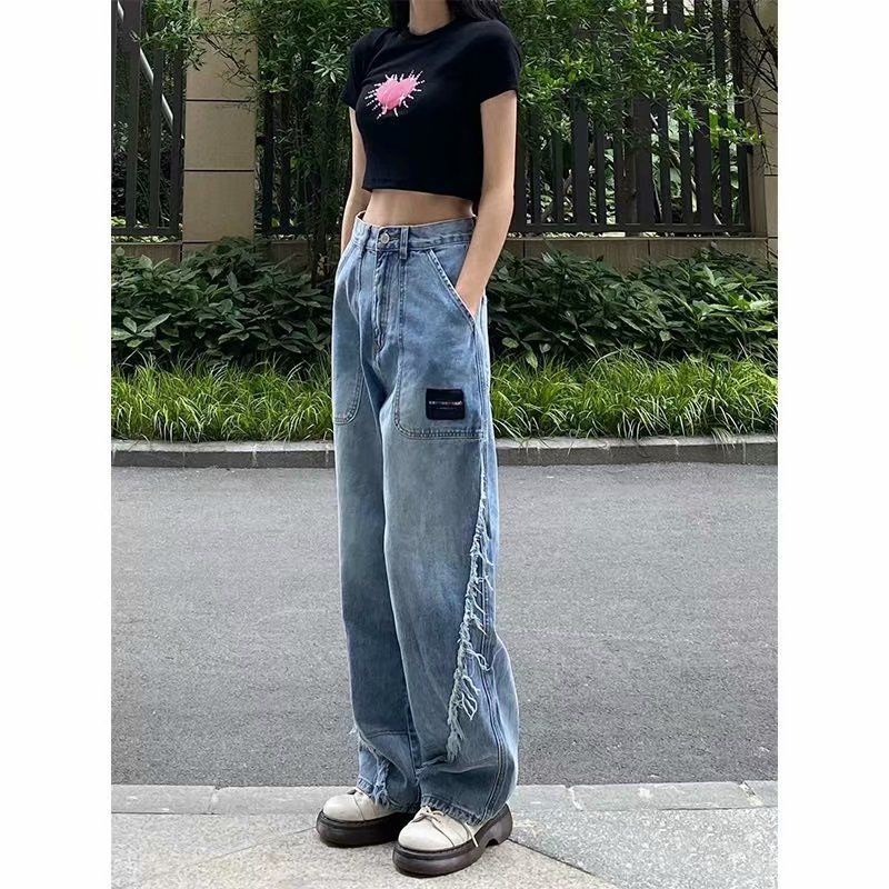 Red Eropa dan Amerika Splicing Retro Jeans Wanita Musim Gugur Bagian Tipis Rasa Desain Tinggi dan Tipis Lebar Mengepel Celana In Tide