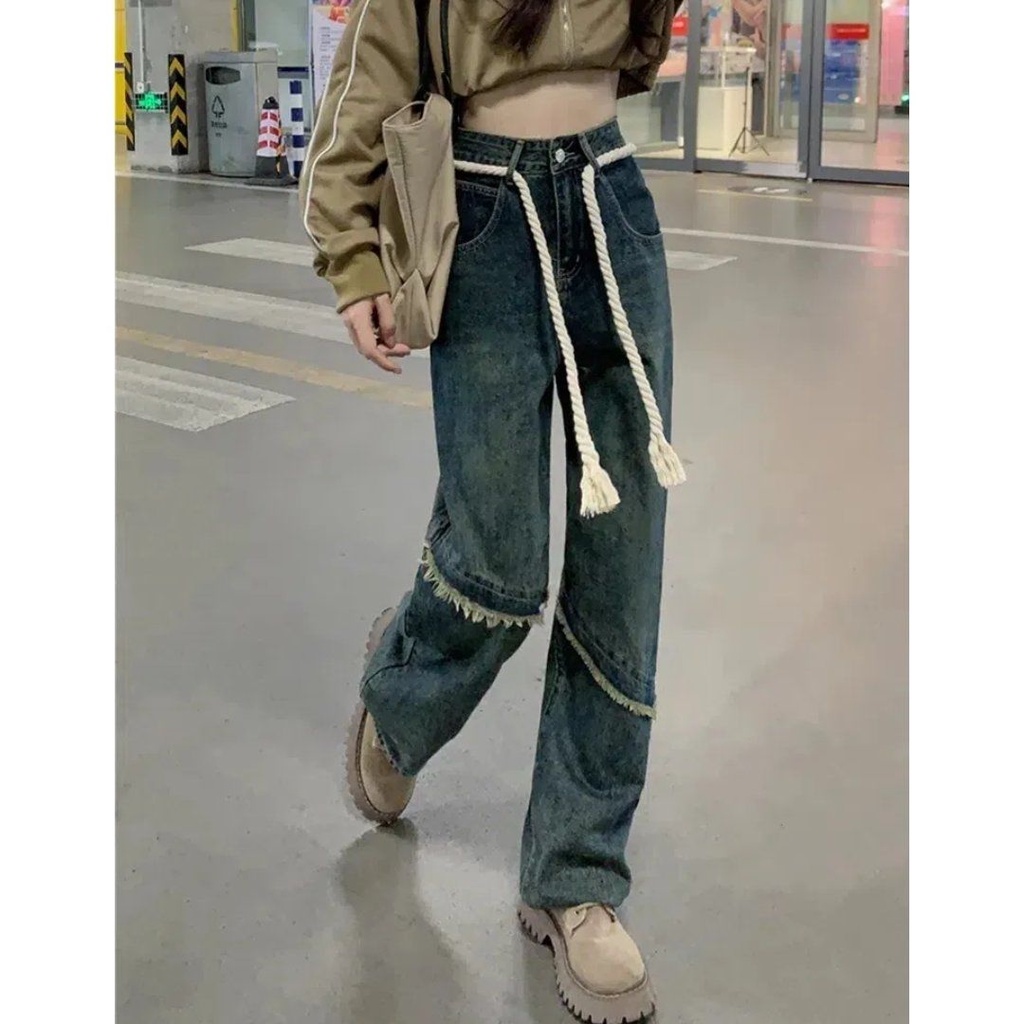 Red RAW edge old retro jeans wanita musim gugur longgar tali tebal rasa desain tinggi pinggang lurus lebar kaki celana trendi