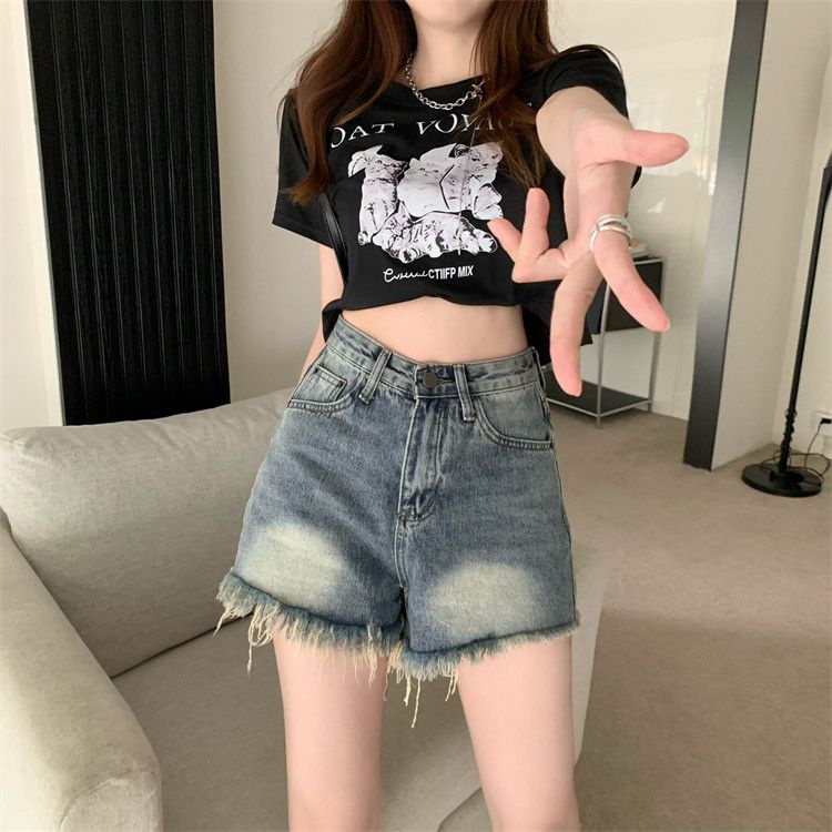 Red Raw Edge Jeans Wanita Musim Semi 2023 Baru Gaya Amerika Retro Gadis Panas Longgar Lurus Celana Pendek Hot Pants Celana