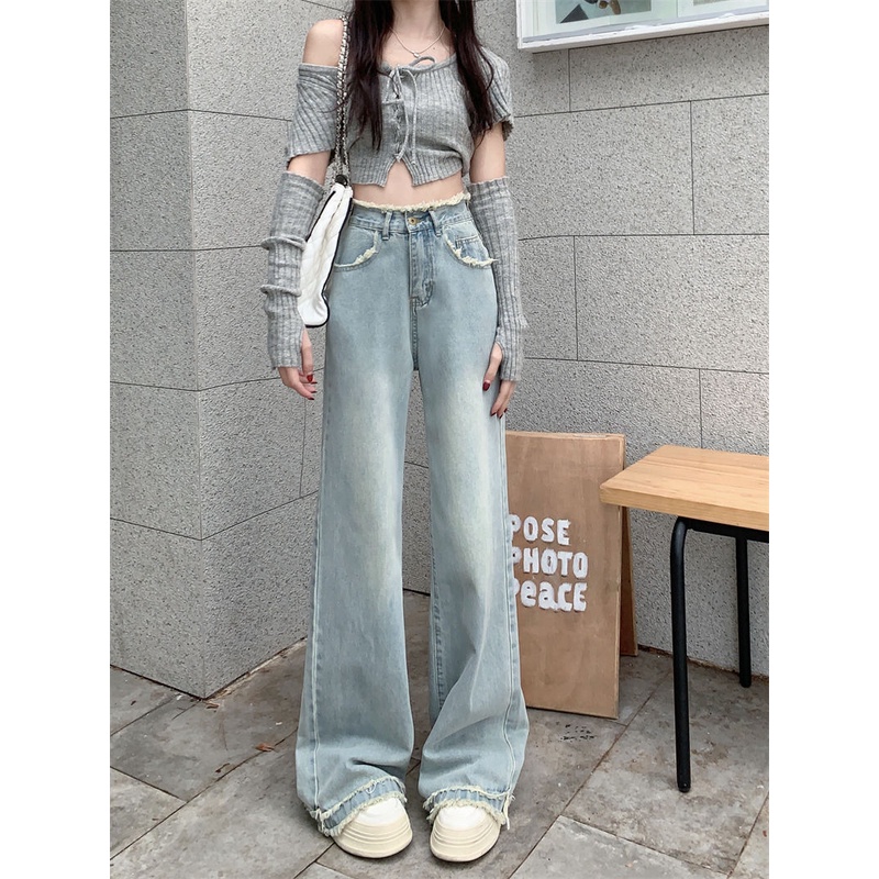 Red Tinggi dan panjang rasa desain raw edge straight jeans wanita musim semi pinggang tinggi longgar slim lebar kaki mengepel celana