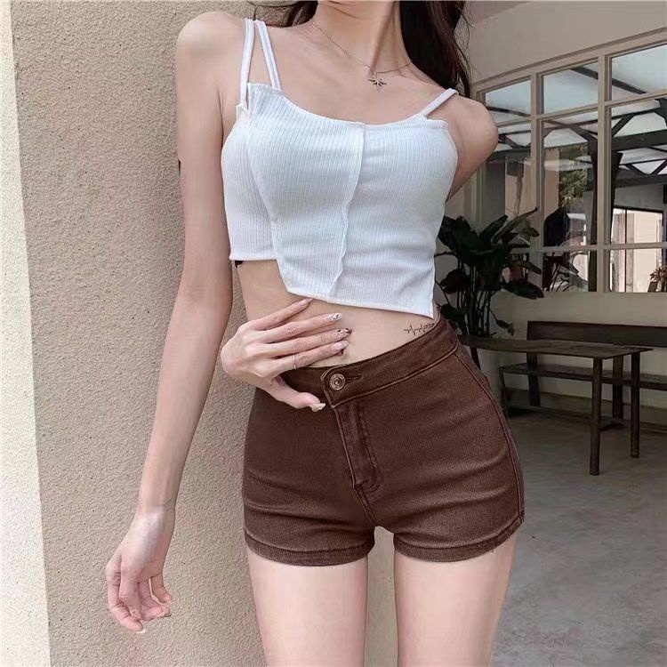 Red American retro hot girl denim shorts women s summer new bag hip high waist hot pants Eropa dan Amerika pelangsing dan elastis