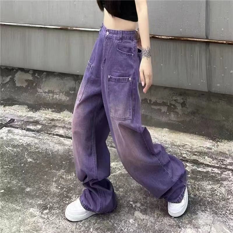 Red Tide brand American high street retro jeans ungu dicuci longgar trendy slim straight wide leg pants ukuran besar celana panjang