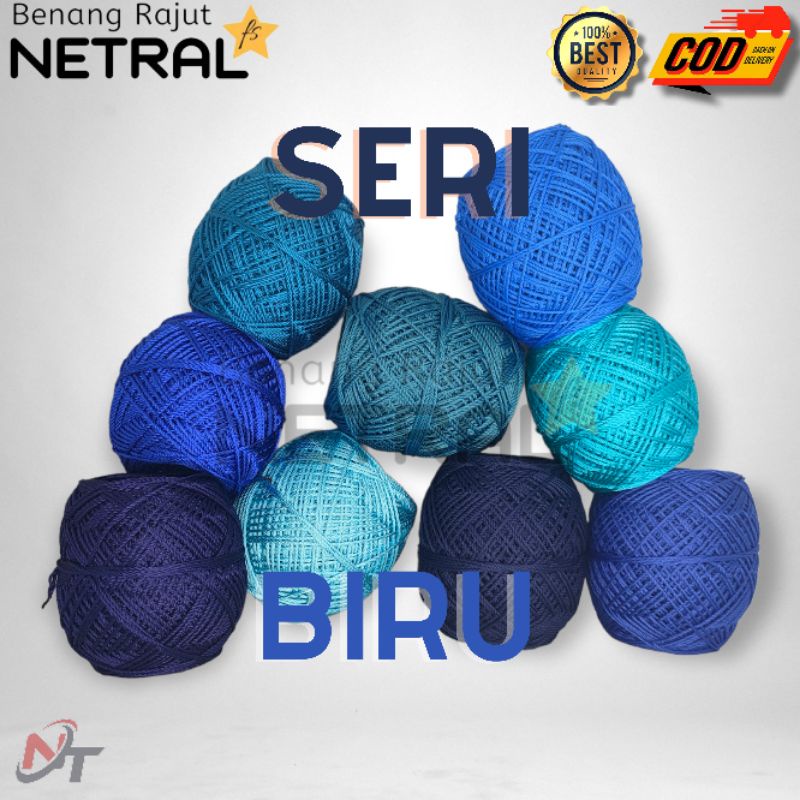 BENANG RAJUT POLYESTER KILAP &amp; DOP SERI WARNA BIRU MERK NETRAL