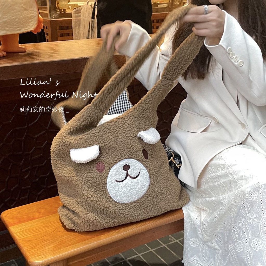 ∋►☸Sera  Lilian Smiley Big Bear Plush Bag Women s Advanced Sense Tas Bahu Lucu Nyaman Berkapasitas Besar untuk Siswa di Kelas