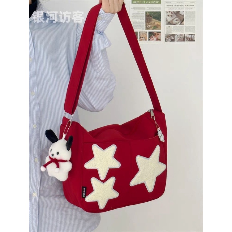 ┋♛☫Sera  Tas Kapasitas Besar Wanita Niche Hits Warna Bintang All-Match Tas Messenger Satu Bahu Kelas Siswa Tote Commuter tas