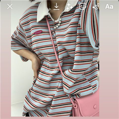 Red 2023 Musim Panas Baru Bergaris Kerah POLO Lengan Pendek T-shirt Wanita Versi Korea Ins Gaya Malas Longgar Atasan All-Match