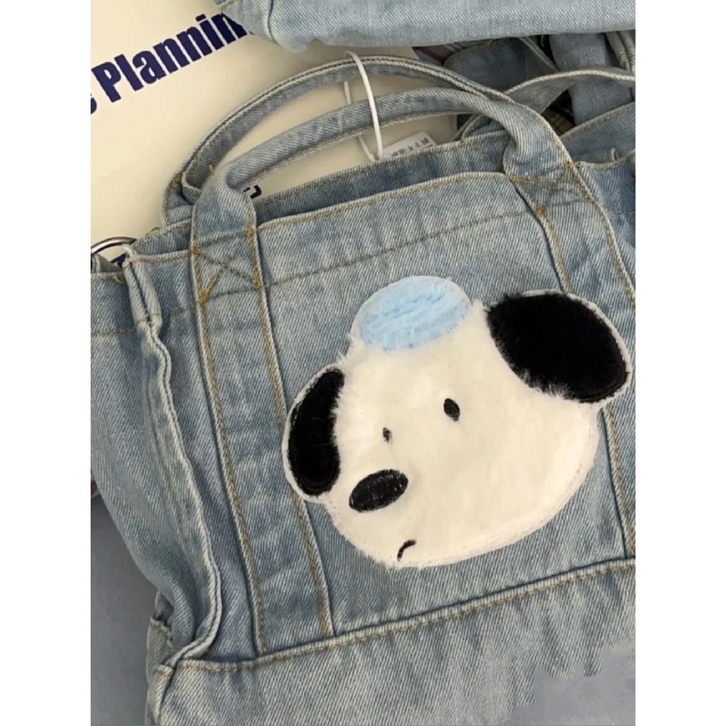 ∈№Sera  Niche Design Cute Puppy Plush Canvas Bag Denim Shoulder Bag Campus Style Oxford Cloth Casual Bag