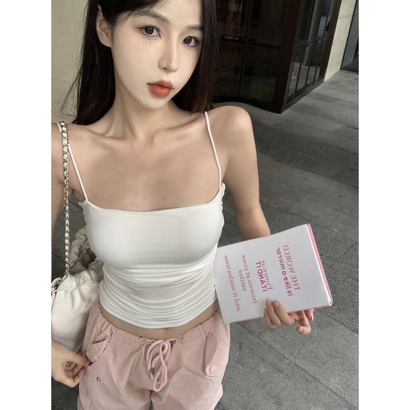 ✖๑๑Suhao slim fit white sling with chest pad for women to wear outer and inside with sexy hot girl vest summer pure short sleeveless top crop top sexy tank top wanita motif