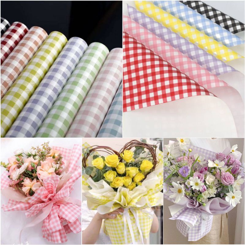 

5 Lembar Kertas Buket Motif Kotak FREE PACKING Plaid Cellophane Lembaran Kertas Buket Kotak Warna Flower Wrapping Paper Square Pattern Cellophane