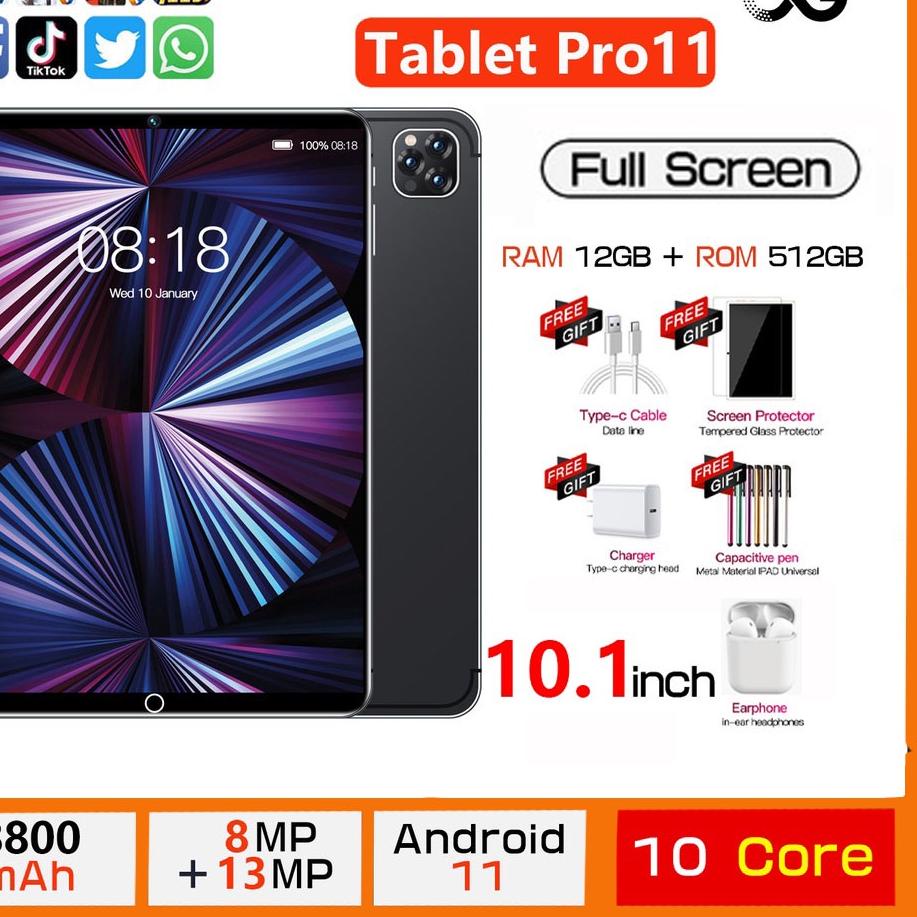 kclk -41 (Baru) Tablet Android Pro 11 12GB+512GB 10.1 inch 5G Tab Tablet PC Asli Tablet Pembelajaran Support 3g/4g SIM Tablet Murah Headset Bluetooth for Gift IMJ