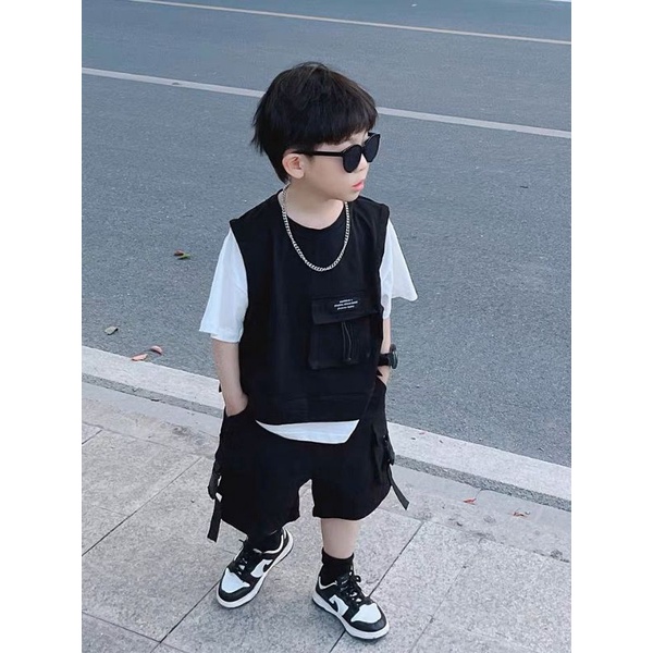 LJS27 Setelan anak laki laki keren kaos hitam lengan pendek celana pendek / baju anak cowok / anak t