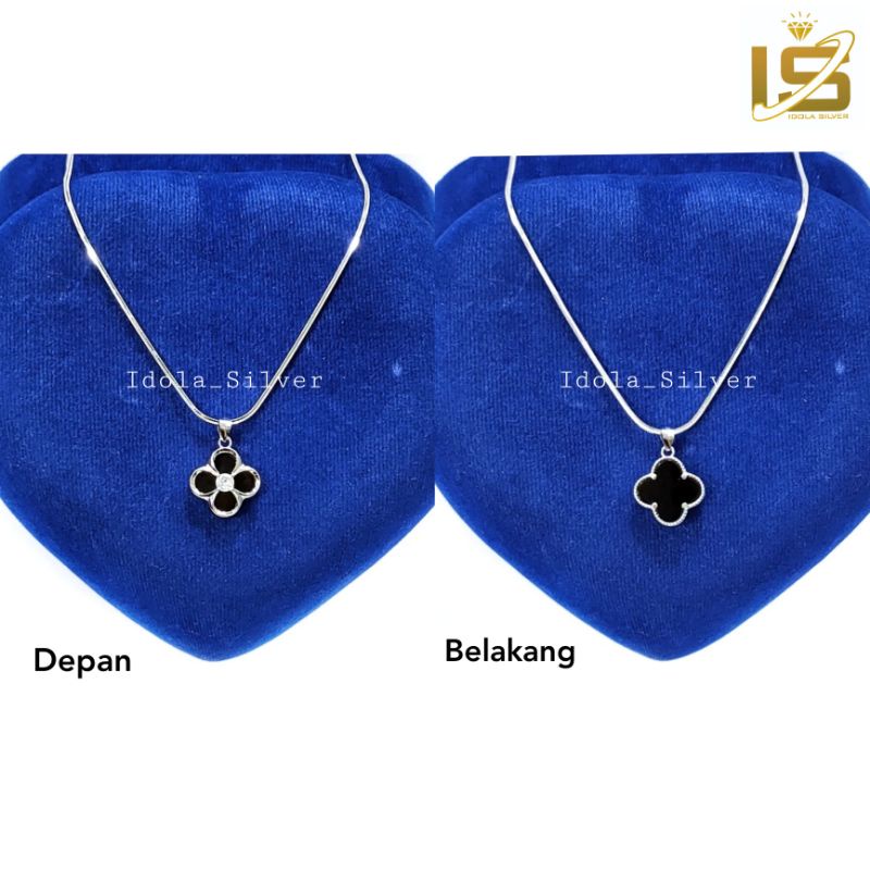 KALUNG PERAK ASLI 925 LAPIS EMAS PUTIH MODEL LIONTIN VAN CLEEF HITAM DEPAN BELAKANG - PERHIASAN PERAK ASLI