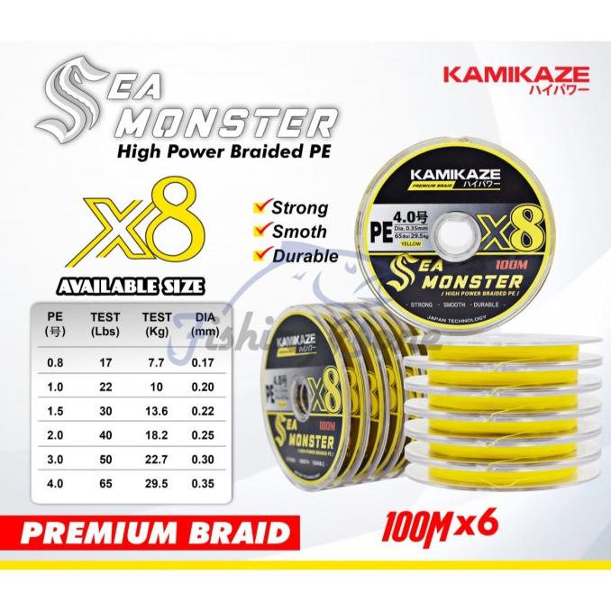 Kamikaze SEA MONSTER X8 PE Line Yellow 100M Senar Pancing Connecting 6