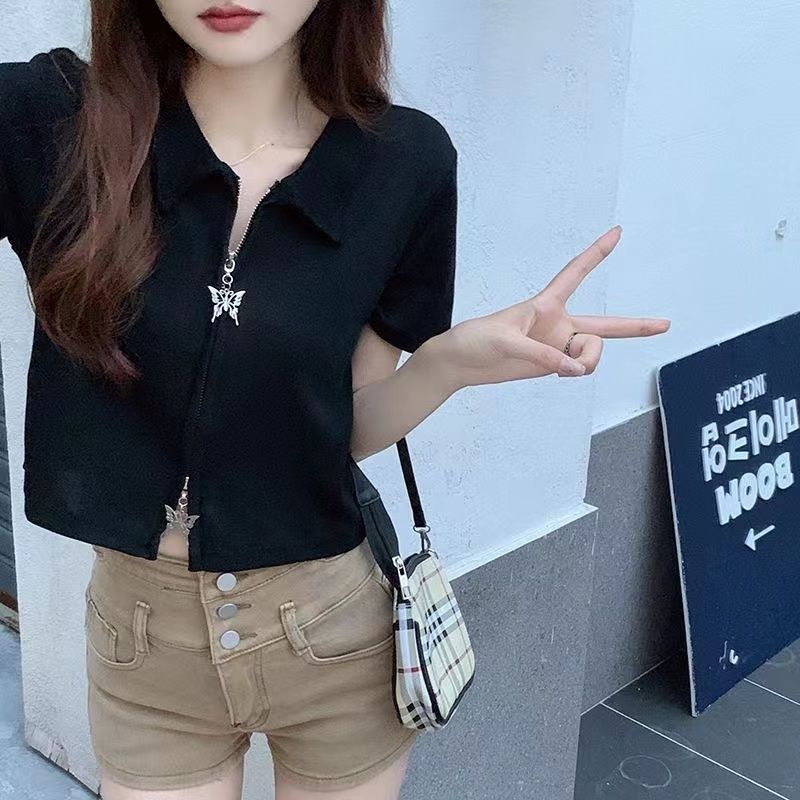 Red Musim Panas Baru Kupu-kupu Ritsleting Ganda Keinginan Murni Polo Kerah T-shirt Fashion Manis Slim Slim Desain Top Wanita