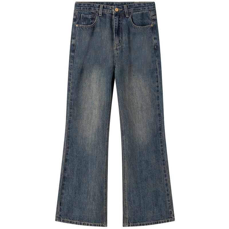 Red American retro vibe micro-flared jeans wanita musim panas pinggang tinggi pelangsing desain longgar merasa ceruk celana mengepel