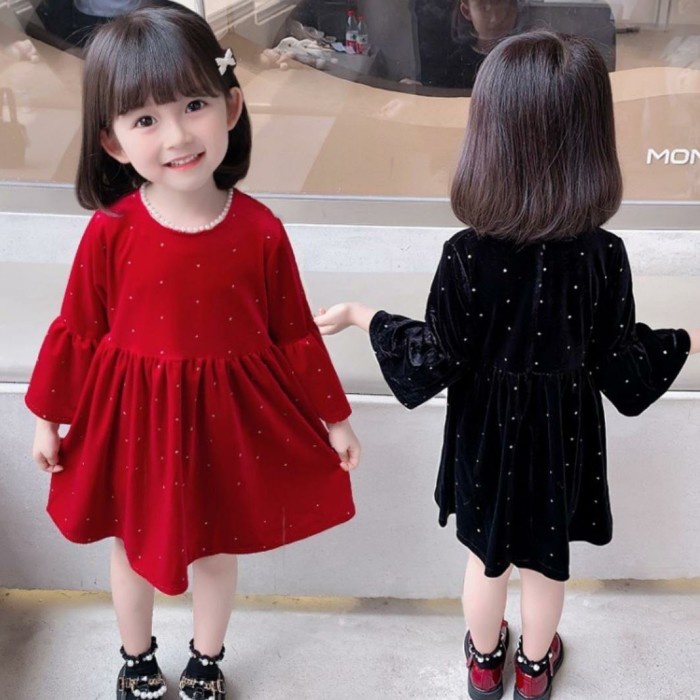 Dress Bludru Impor, Dress Anak Bludru Pearl, Dress Lengan Panjang