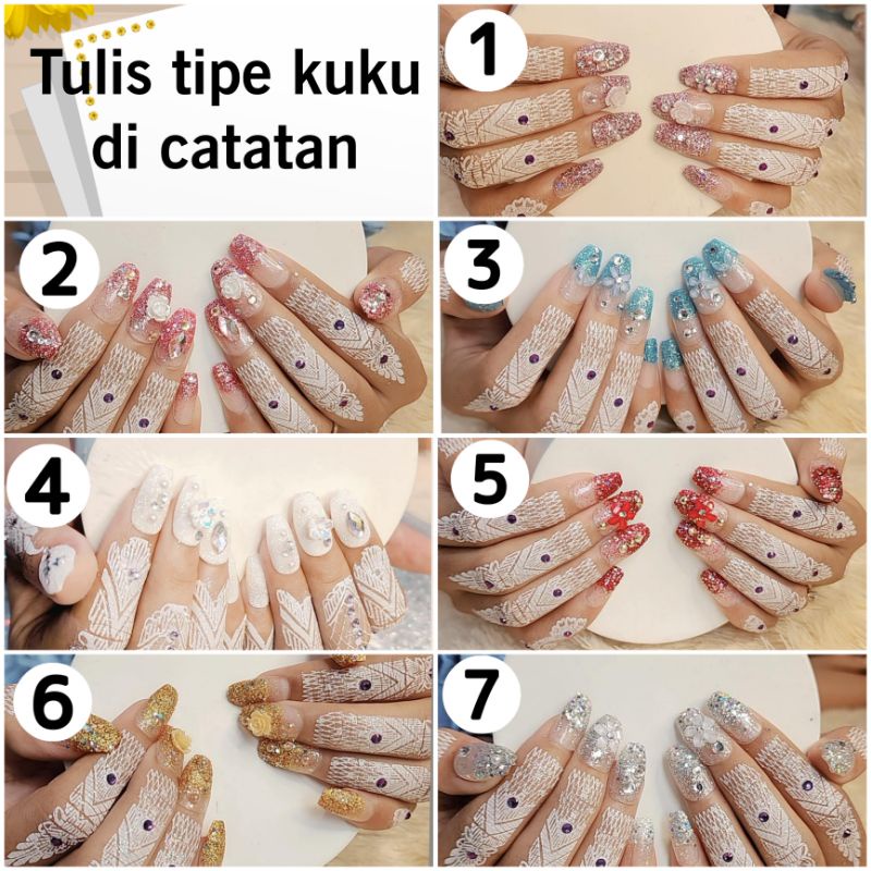 (HP+K) HENNA INSTAN PLUS KUKU BUNGA JAPAN (39 style) LENGKAP LEM MANIK GLITER