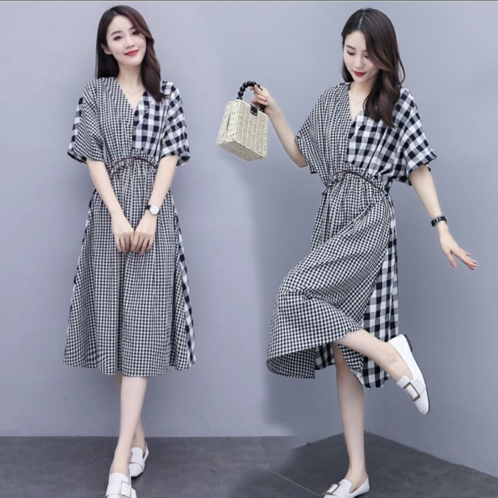 Dress Wanita Midi Kotak Fashion Santai - Hitam M cantik simple gamis yg tali T9C6 yg lg viral garis2