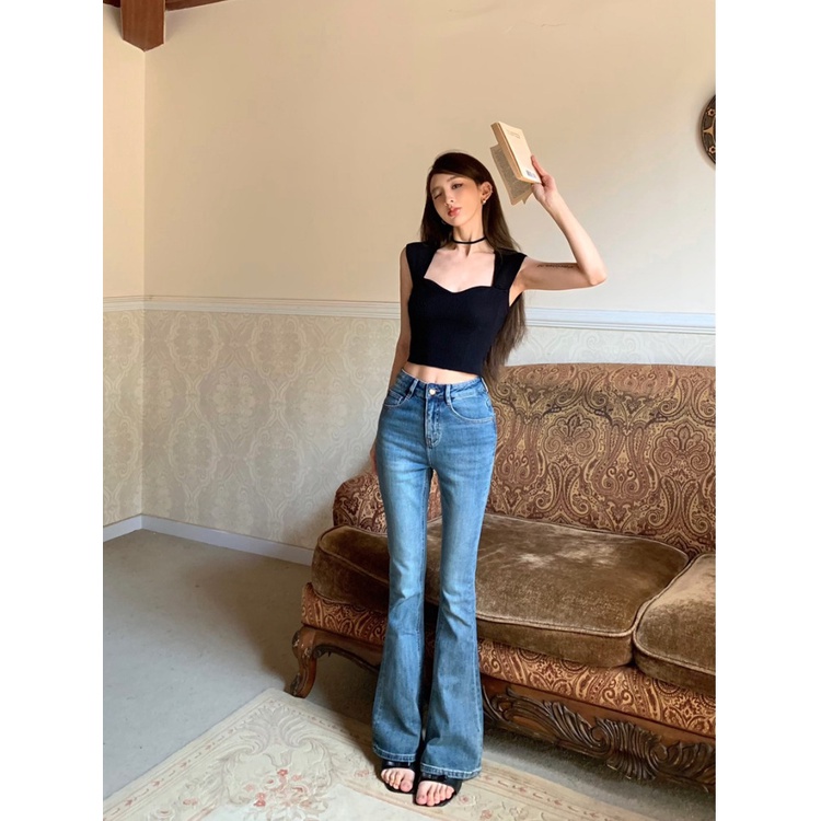 Retro Blue Jeans Wanita Musim Panas Tinggi Pinggang Pelangsing Mikro Berkobar Celana Lurus Lebar Kaki Celana Slim-Fit lantai Mengepel Celana