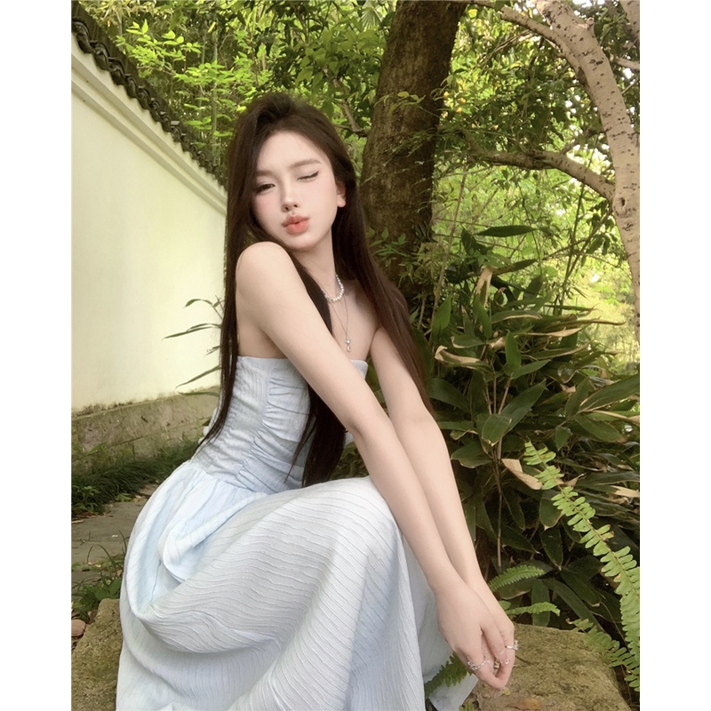 ❁∋┅Musim panas seksi one-shoulder tube top dress peri pinggang slim blue mid-length skirt rok temperamen lembut