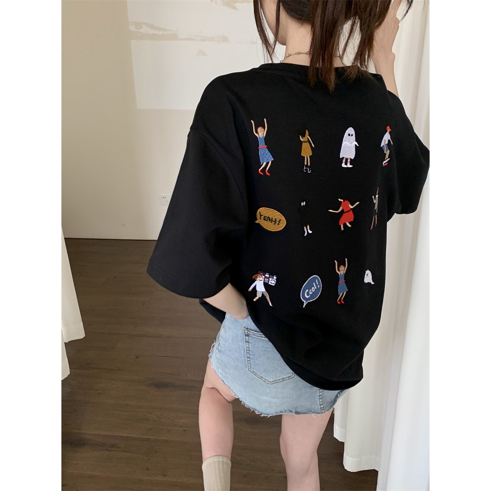☍#COD Suhao Versi Korea dari T-shirt Lengan Pendek Wanita Musim Panas 2023 Baru Leher Bulat Longgar Kartun Bordir All-Match Design sense Niche Atasan