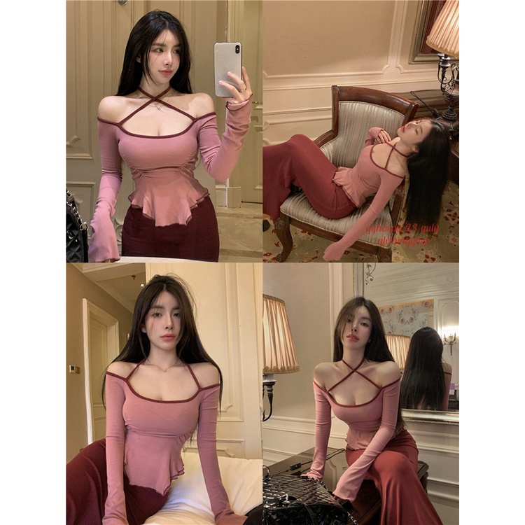 ◊#COD Suhao Hot Girl Suit Lengan Panjang Menggantung Leher T-shirt Pakaian Wanita Musim Semi 2023 Baru Tinggi Pinggang Seksi Tas pinggul Rok Dua Potong Set