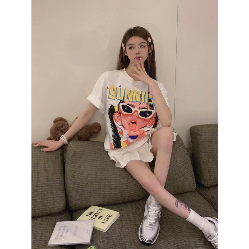 ☇◇#COD Suhao manis dan pedas gaya grafiti cetak bahu depan lengan pendek t-shirt wanita musim panas putih longgar kasual desain rasa niche top