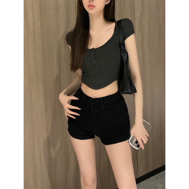 ☼#COD Suhao putih V-neck lengan pendek T-shirt wanita musim panas hot gadis kecil tinggi pinggang terkena pusar slim fit bottoming kemeja pendek top