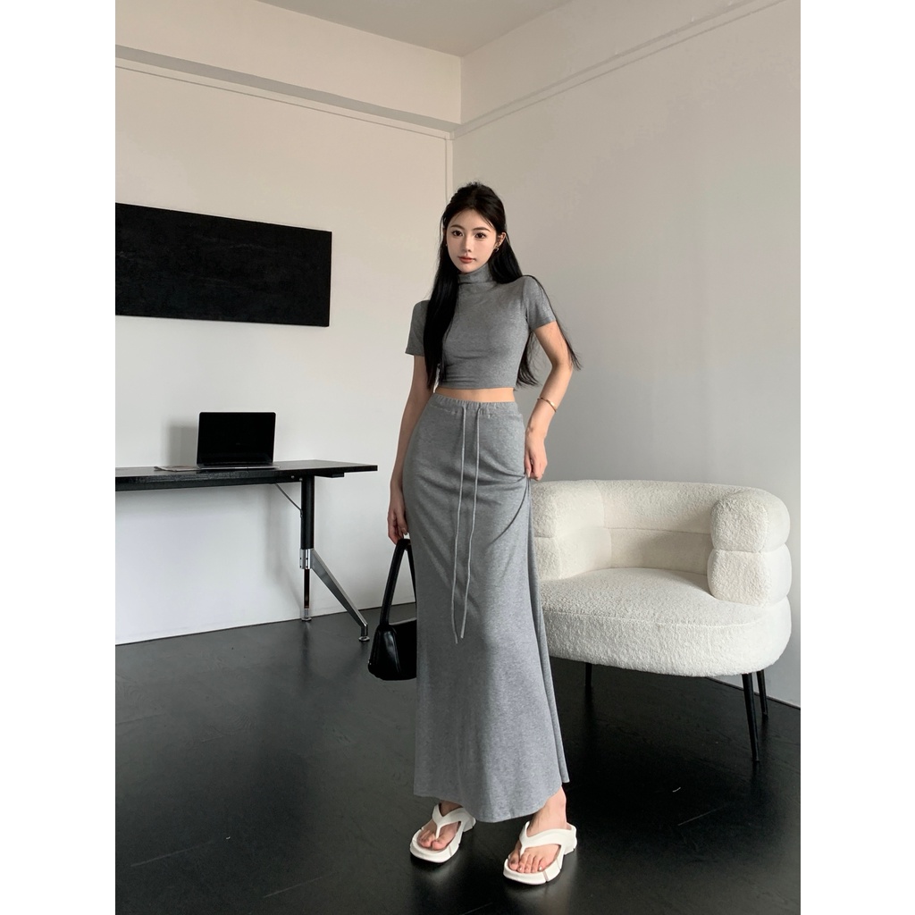 ✖♨¤#COD Suhao retro gaya Hong Kong hitam kerah setengah tinggi lengan pendek T-shirt wanita setelan musim panas rok tas pinggang tinggi rok pinggul set dua potong