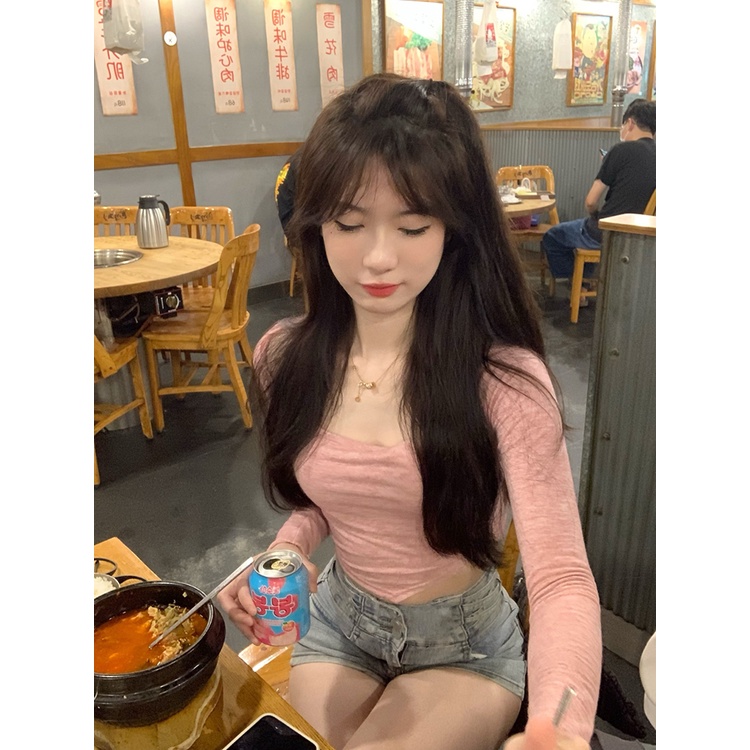 ☫﹉#COD Suhao Pure Desire Angin Rompi T-shirt Wanita Musim Panas Merah Muda Manis Gadis Panas Bagian Tipis Tabir Surya Lengan Panjang dan Set Dua Potong Atasan Pendek