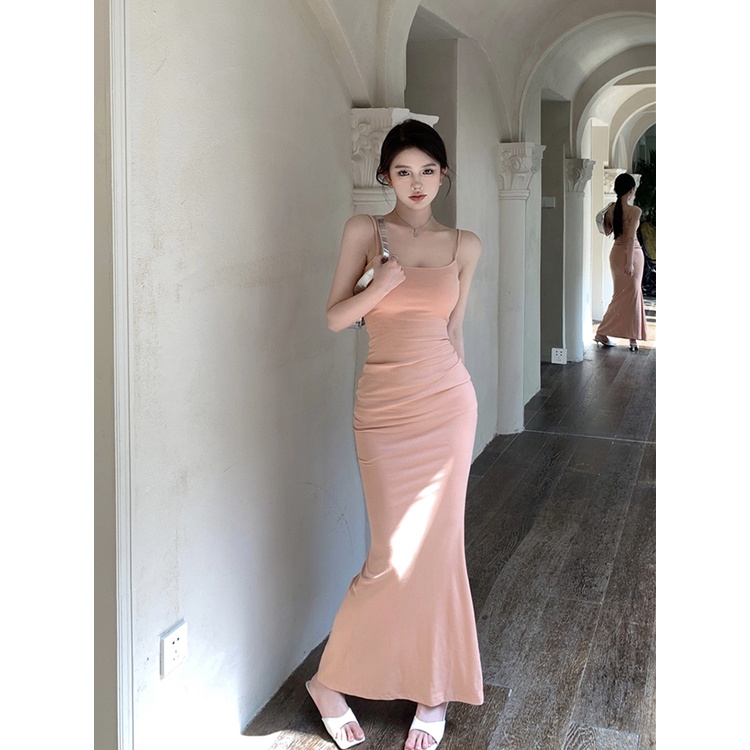 ◐▥Gaya Keinginan Murni Seksi Rajutan Suspender Gaun Wanita Musim Panas Tanpa Lengan Pinggang Pelangsing Rok Fishtail Tas Pinggul Rok Panjang