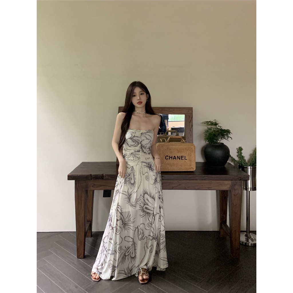 ☍△☇#COD Suhao French print one-shoulder halter neck dress women s summer new tea break skirt skirt high-level sense waist long skirt