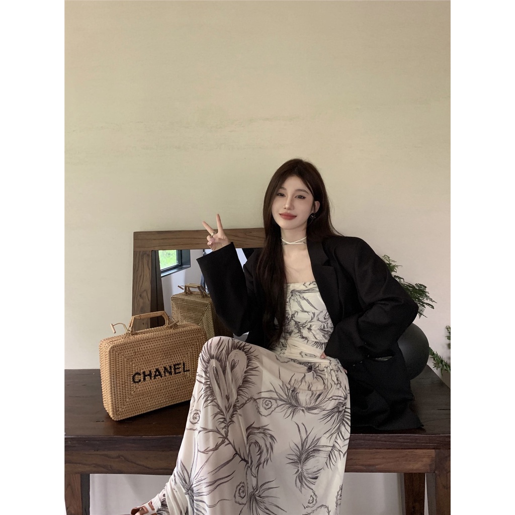 ☍△☇#COD Suhao French print one-shoulder halter neck dress women s summer new tea break skirt skirt high-level sense waist long skirt