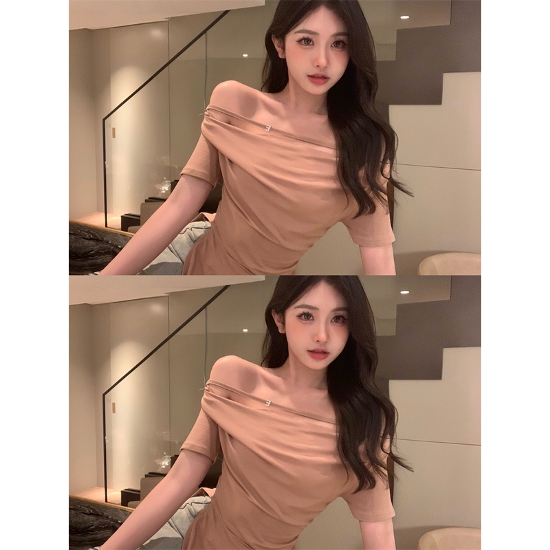 ♧#COD Suhao Pure Desired Wind One-Shoulder Lengan Pendek T-shirt Wanita Musim Panas Hot Gadis Off-Shoulder Belahan Tidak Teratur Pinggang Ketat Tipis Top