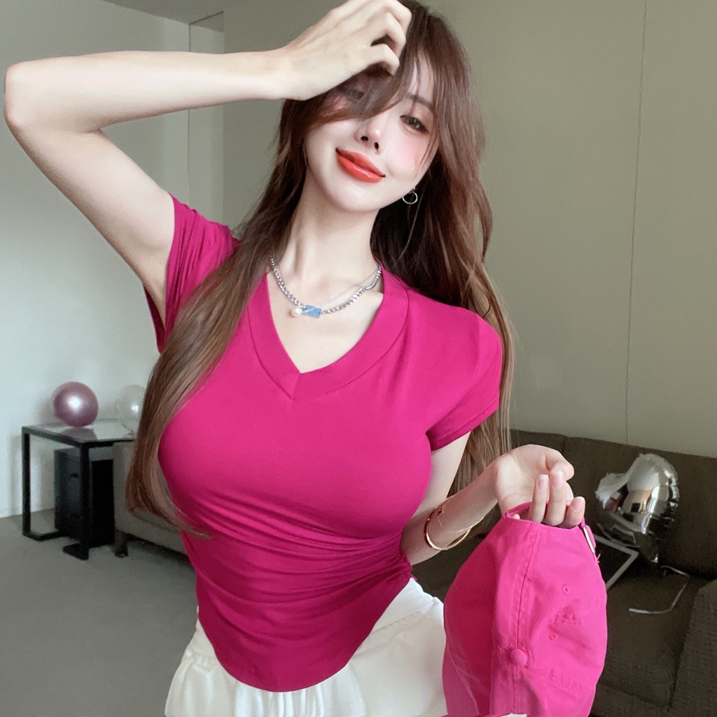 ☊#COD Suhao hot girl V-neck lengan pendek T-shirt wanita musim panas 2023 baru gaya keinginan murni seksi hem tidak beraturan slim fit dan top tipis