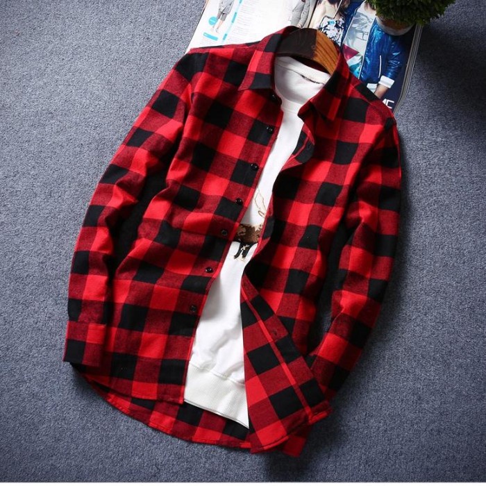 Kemeja Pria KEMEJA FLANEL JUMBO XXL XXXL PRIA WANITA PREMIUM BIG SIZE OVERSIZE - Merah, XS(G8L3) Kem