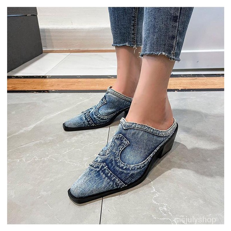 [✅BISA COD] #Sisjuly# Sandal wanita / sepatu kain denim bertumit tinggi ujung persegi kecil baru / s