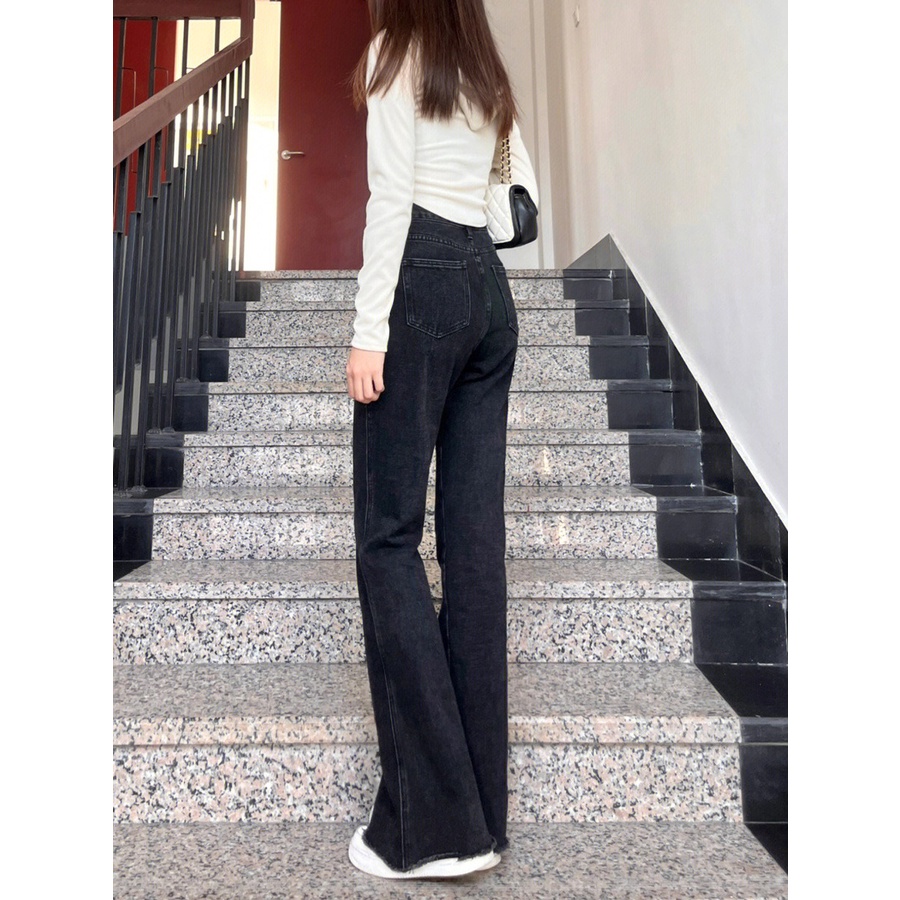 Celana Cutbray Jeans Wanita Rawis Highwaist Kelabu hitam Import