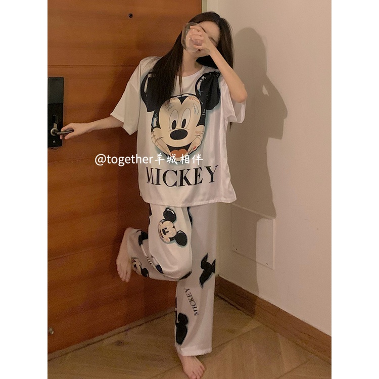 ✿stelan baju tidur wanita Korean ins wind pajamas women s summer short sleeve 2022 new cute Mickey three-piece suit ice and snow silk home clothes #COD baju tidur wanita bahan kaos