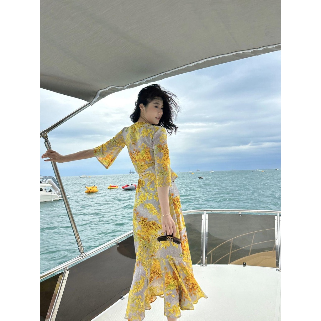 ROMANTICSI Gaun Liburan Musim Panas Motif Bunga Kuning Emas Gaya Perancis midi dress korea dress wan