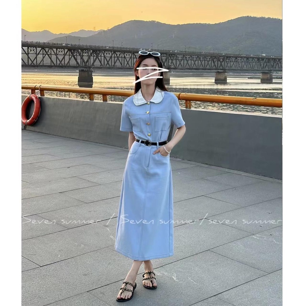 【Freesia】Gaun Lengan Pendek Kasual Kerah Boneka Musim PanasAGaun Versi Warna Solid Wanita midi dress