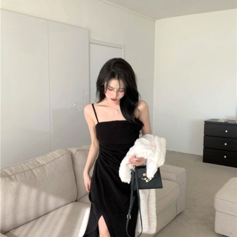 Gaun Suspender Wanita, Gaun Ketat Setengah Panjang dengan Belahan, Desain Sneaky, Pinggang Lipit mid