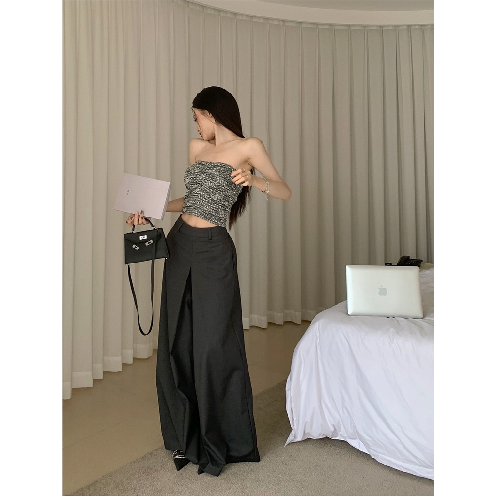 ☑❐Suhao setelan tirai abu-abu celana lebar kaki wanita musim panas longgar dan celana lurus tipis tingkat tinggi kasual mengepel celana crop top seksi tank top motif wanita