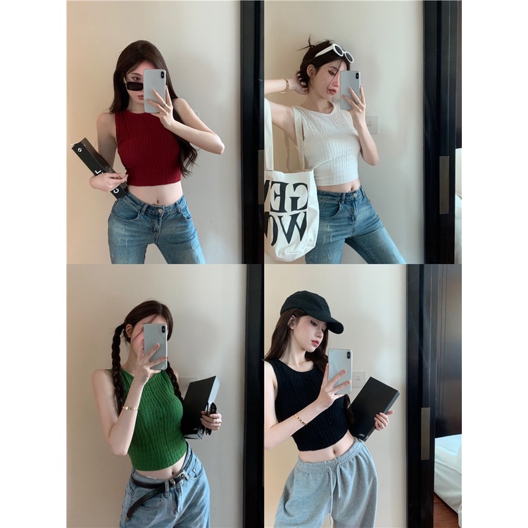 ﹊♨Suhao babes rajutan kamisol wanita pakaian dalam musim panas tanpa lengan seksi berbentuk pembalap slim top pendek pakaian luar bottoming shirt crop top sexy tank top wanita motif