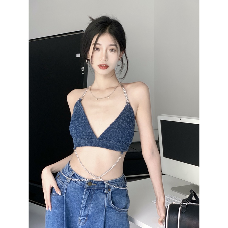 ﹉▦Suhao Sweet Spice Girls Rantai Kamisol Kecil Wanita Musim Panas Pendek Leher V Seksi Chic Bagian Dalam Bawah Kemeja Top Pakaian Luar Crop Top Seksi tank Top Wanita Motif