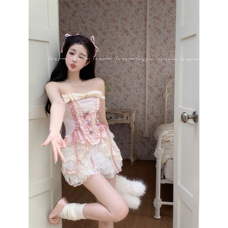 ✽Suhao manis hot gadis tube top vest top wanita musim panas gaya balet mesh rok pendek rok rok dua potong set crop top sexy tank top wanita motif