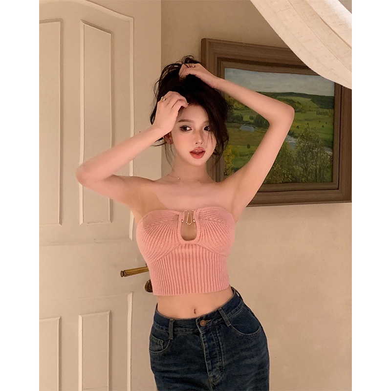 ☽☑▬Suhao merah muda yang indah kembali berongga tabung atas rajutan kecil rompi perempuan musim panas pakaian luar hot gadis dibungkus dada seksi pendek top crop top sexy tank top wanita motif