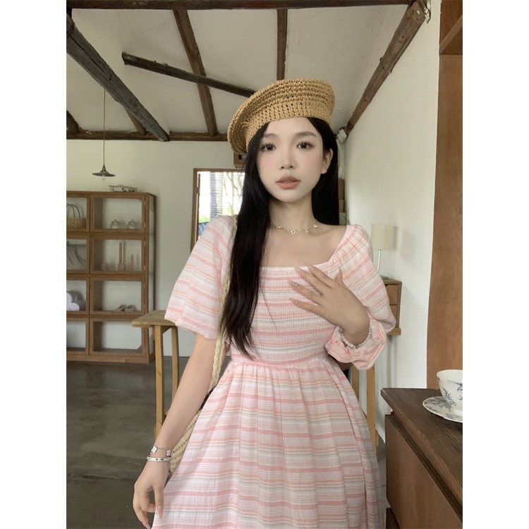 Red dreesGaun lengan engah kerah persegi bergaris pengurangan usia yang manis untuk wanita pinggang musim panas rok A-line rok panjang sedang