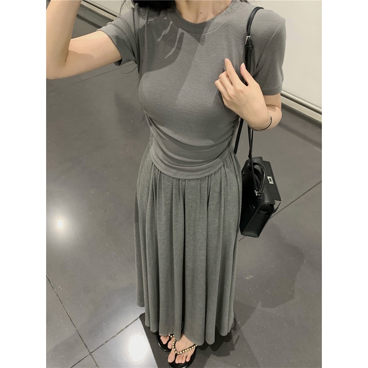 Red kaos Malas Angin Setelan Wanita Lipit Slim Lengan Pendek Bahu T-shirt Musim Panas Berkibar A-line Rok Rok Fashion Dua setelan Jas